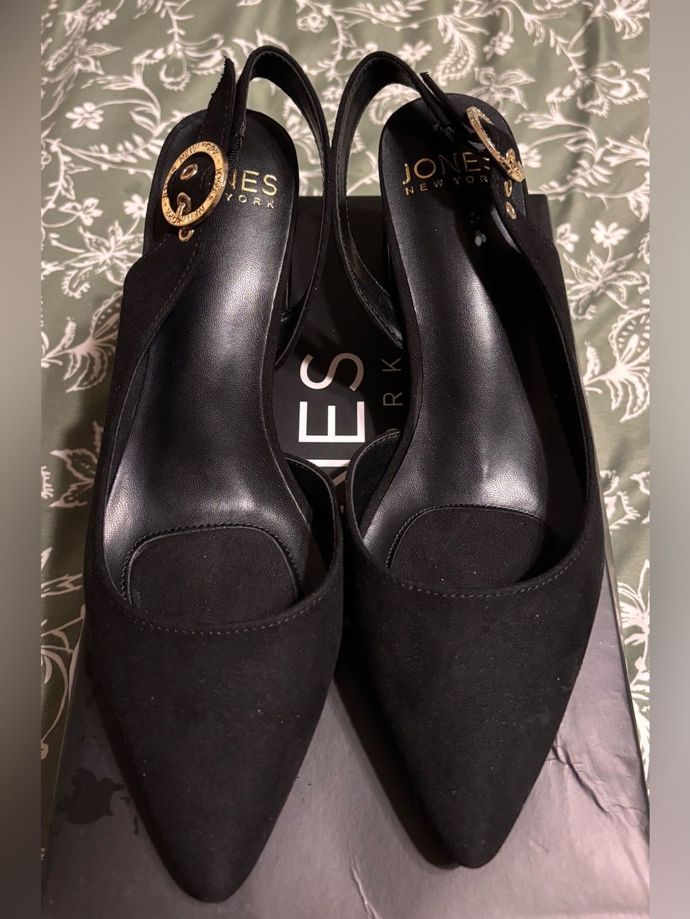 Jones New York Black Suede Slingback Mules with Gold Buckle